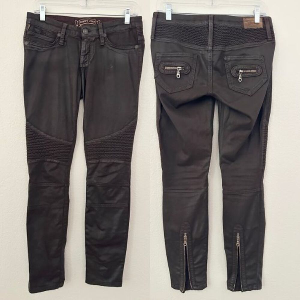 Robin's Jean Wax Coat Moto Jeans Zipper Ankle Grunge Brown Women's Size 25x29